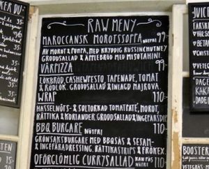 Menu board in Swedish at Rawfoodhouse at Raw Food House in Malmo