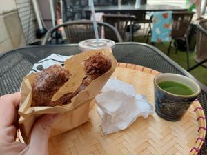 Chocolate donut with macha tea at Luu's Bao in Osaka
