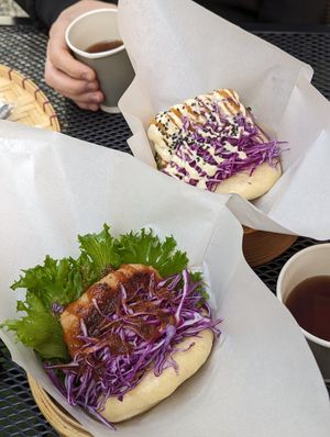 BBQ plant-based meat burger and tofu katsu yum yum yum at Luu's Bao in Osaka