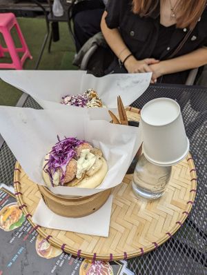 Japanese flavoured meet ball bao & bean curd cutlet bao behind it (really recommend this one!)  at Luu's Bao in Osaka