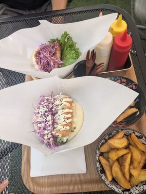 Freeze dried beancurd cutlet (front) and meat burger with bbq sauce (back) at Luu's Bao in Osaka