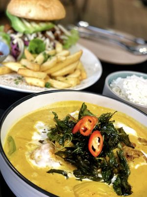 Yellow Mellow Curry and “Big Boy” burger   at Vega in Spring Hill