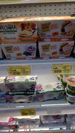 Vegan Yogurts above and below at Conad in Tirana