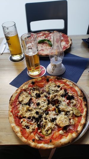 Vegan pizza (vegan cheese and tofo) at Pizzeria Boccaccio in Gran Canaria