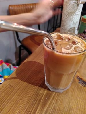 Decaf iced oat latte (June 2023) at 200 Degrees Coffee in York