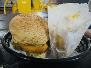 Chickpea burger with onion rings  at Morrones in Sao Bernardo Do Campo