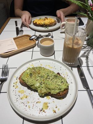 vegan avocado on toast and lay milk iced latte at WatchHouse in East London