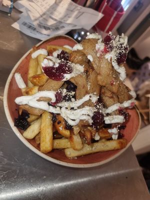 Christmas "turkey" fries with sage mayo,  cranberry, sage and onion stuffing dust #Veganuary at Herbivorous - Withington in Manchester