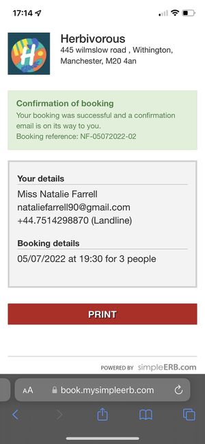 Proof of booking   at Herbivorous - Withington in Manchester