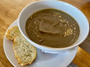 Creamy lentil soup  at Hablemos Coco Cafe in Puerto Natales