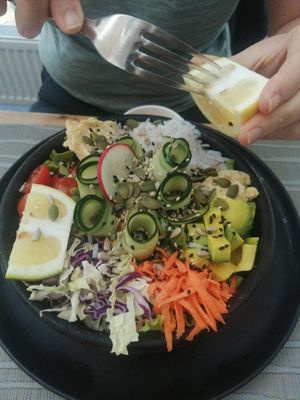 Great lunch - epic salad, alongside a bbq seitan burger. Yummy, nutirious and no cheese anywhere  at Hablemos Coco Cafe in Puerto Natales