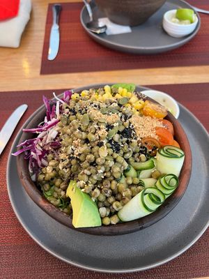 Buddha bowl with quinoa and mung beanss  at Hablemos Coco Cafe in Puerto Natales