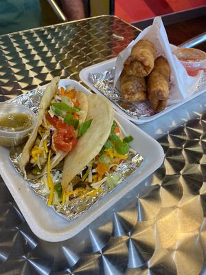 Vegan tacos with mushrooms and crispy vegan rolls. Delicious! Had the vegan baked potato too but it was good we forgot to take a pic   at Twice Baked in Las Vegas