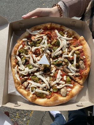 Vegan pizza with broccoli & mushrooms  at Pizza Park in New York City