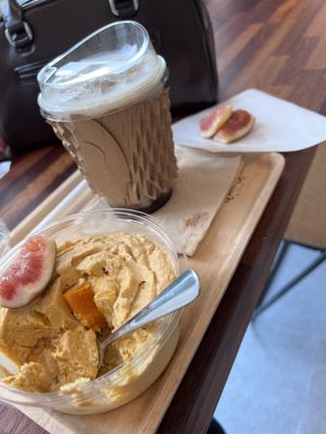Pumpkin tiramisu and soy latte   at Vegan Daum 비건다움 in Seoul