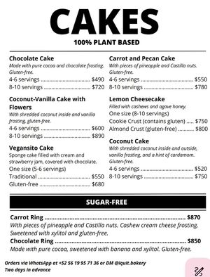 Cake menu April 2025 at I Quit - Café & Bakery in Mexico City