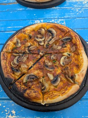 Fungi pizza without cheese at Pallet Cafe in Nairobi