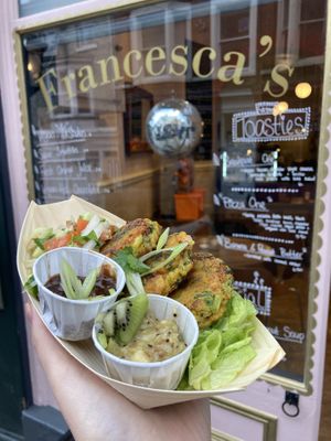 Super green fritters with Kachumber and kiwi chutney   at Francesca's in Scarborough
