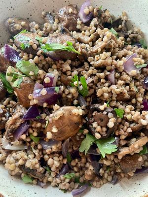 Roasted mushroom and buckwheat Kasha 🌱 served with warm crusty bread 🌱  at Francesca's in Scarborough
