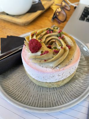 New in their offer - raspberry cake with I presume pistachio cream on top.   at Cafedu in Prague