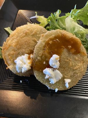 Fried green tomatoes/ can be made veggie and vegan   at The Highlands Kitchen + Bar in Lake Lure