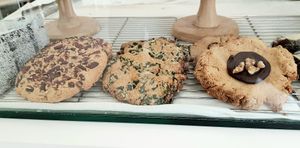 scones: maple pecan (left), perilla leaf (center), peanut chocolate ganache (right) at Omu Omu - 오무오무 in Goyang