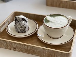 Lamimgton with green tea latte  at Omu Omu - 오무오무 in Goyang