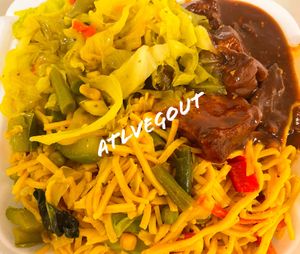 Cabbage, noodles and bbq   at Chelsea's Bakery and Vegetarian Restaurant in Decatur