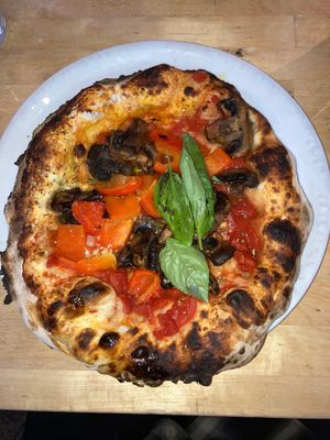 Marinara pizza with extra mushroom and red pepper toppings at Casale Franco in Lanzarote