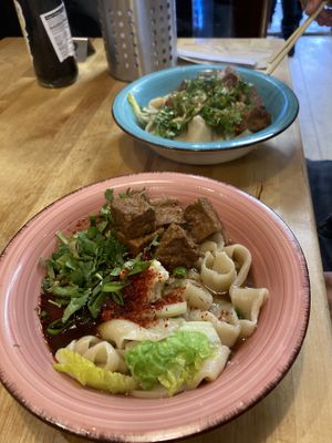 Noodles with the oily sauce in the front  at Wen Cheng Handpulled Noodles - I in Berlin