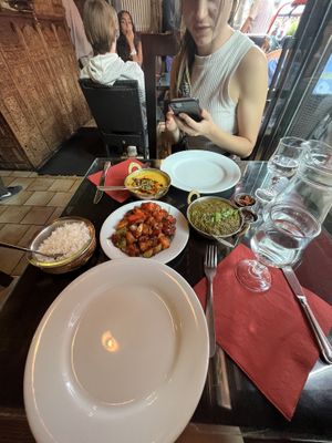 Basmati rice, dragon potatoes, saag bhajees and dal🤤🤤  at Annapurna in Chamonix-mont-blanc