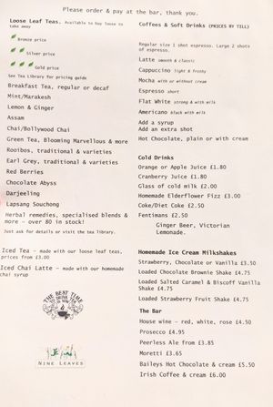 Menu at Nine Leaves in Wirral