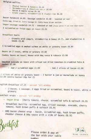 Menu at Nine Leaves in Wirral