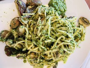 Pesto pasta and wild mushrooms at Heaven Sent Foods in Flagstaff
