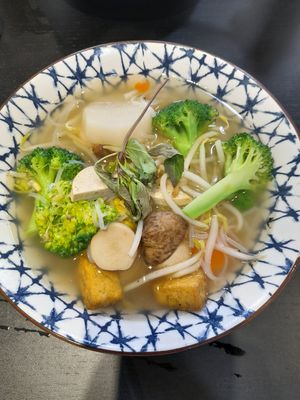 Bun Hue Chay signature mushroom soup noodles at Bún Huế Cafe in Central Singapore