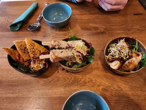 Potato Pancake > Peanut Tofu Stick > Gyōza at Vegan House - Schillerplatz in Dresden