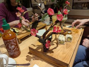 The sushi comes on very nicely designed plates. Some of the decorations can be a bit in the way while eating though. at Yammy Cuisine in Konigs Wusterhausen