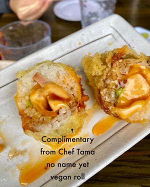 Complimentary sushi at Tama Sushi Ramen and Vegan in Huntington Beach