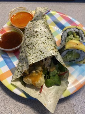 Monster handroll and a few bites of Mango tango  at Tama Sushi Ramen and Vegan in Huntington Beach