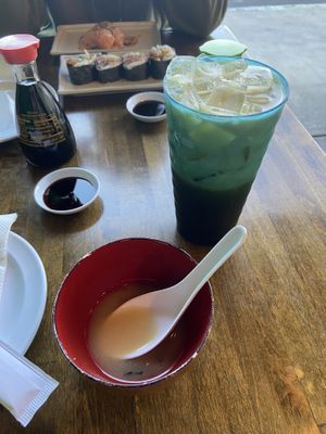 Complimentary miso soup & green milk tea with soy milk  at Tama Sushi Ramen and Vegan in Huntington Beach