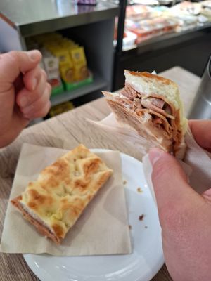 Focaccia con mortadella veg, stra buona! at Vegustibus in Rome