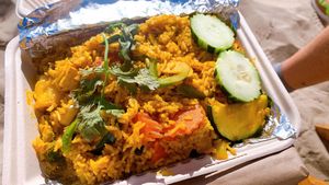 pineapple fried rice with extra „chicken"  at Thai Vegan in Santa Monica