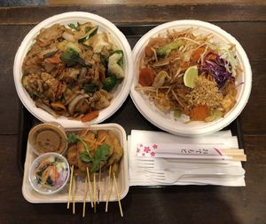 Mint noodles on the top left, pad thai on the right, sautee chickn below.   at Thai Vegan in Santa Monica