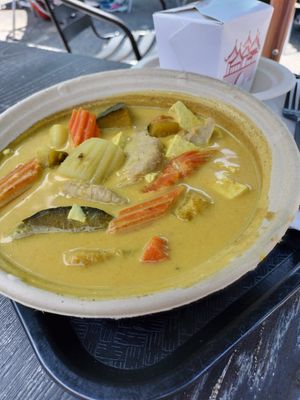 Yellow Tofu Curry + soy chicken at Thai Vegan in Santa Monica