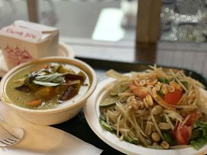 Green curry and som tam   at Thai Vegan in Santa Monica