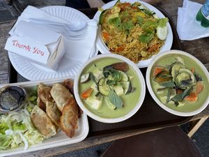 Pineapple fried rice, green curry, veggie dumplings  at Thai Vegan in Santa Monica