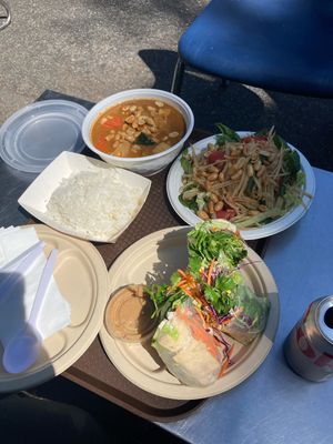 Vegetable rolls, papaya salad and massamun curry  at Thai Vegan in Santa Monica
