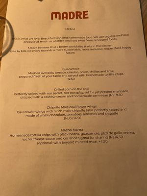 Menu   at Madre in Amsterdam