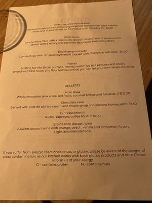 Menu  at Madre in Amsterdam