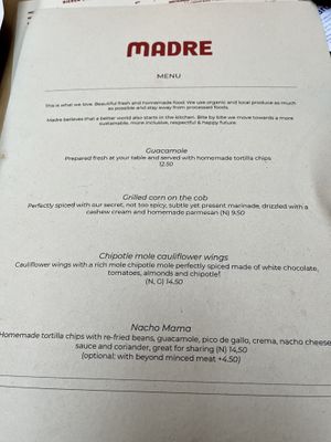 Menue  at Madre in Amsterdam